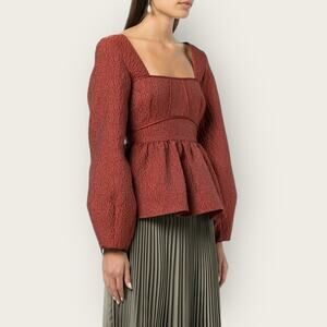 NWT | Jonathan Simkhai | Arya Matelasse Effect Peplum Blouse | Brick | Size 6